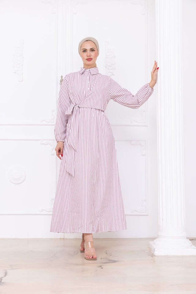 Çizgili Kuşak Detaylı Tesettür Gömlek Elbise