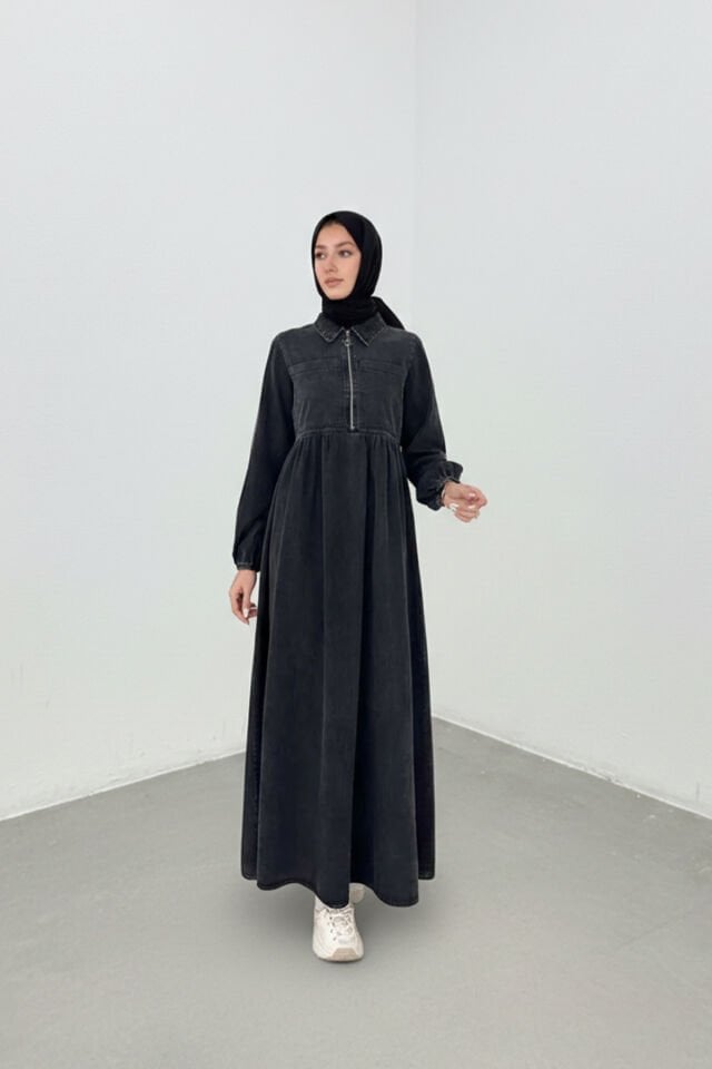 Kadın Tesettür Fermuarlı Cepli İnce Kot Elbise