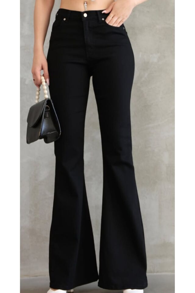 Kadın Yüksek Bel İspanyol Paça Siyah Denim Likralı Jean Pantolon