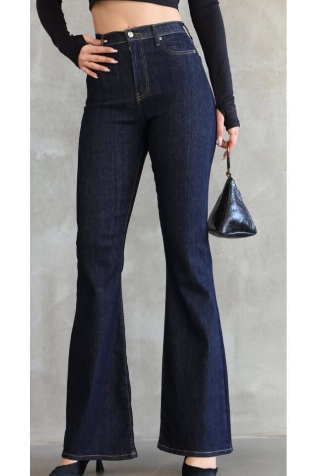 Kadın Yüksek Bel İspanyol Paça Lacivert Denim Likralı Jean Pantolon
