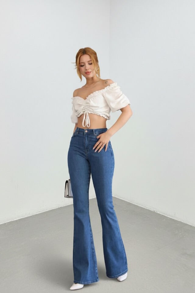 Kadın Yüksek Bel İspanyol Paça Mavi Denim Likralı Jean Pantolon