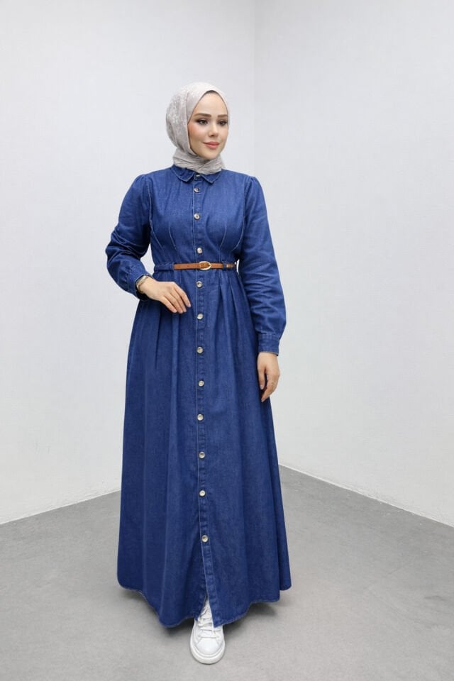 Klasik Düğmeli Kot Tesettür Elbise