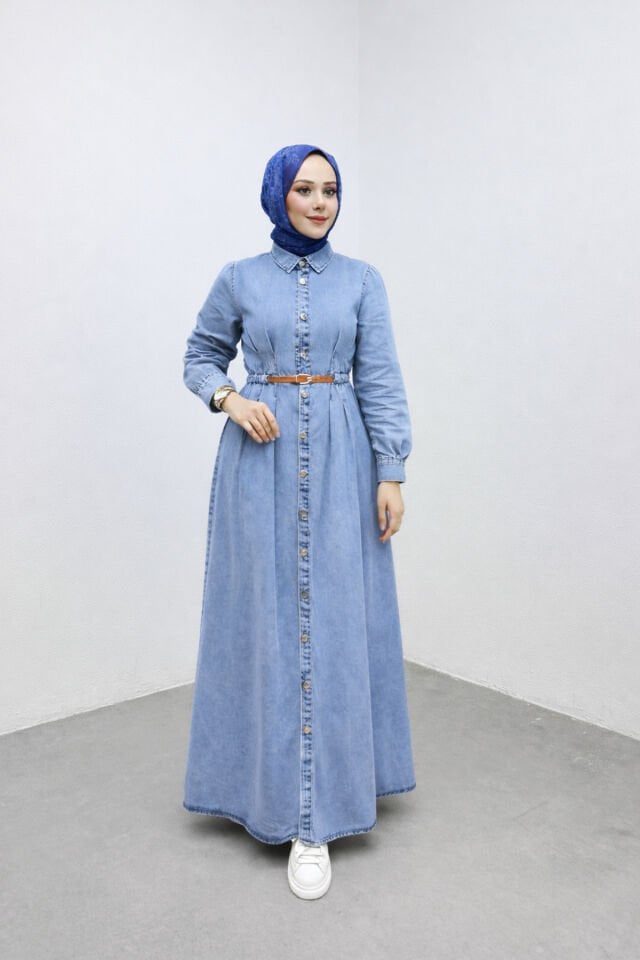 Klasik Düğmeli Mavi Kot Tesettür Elbise