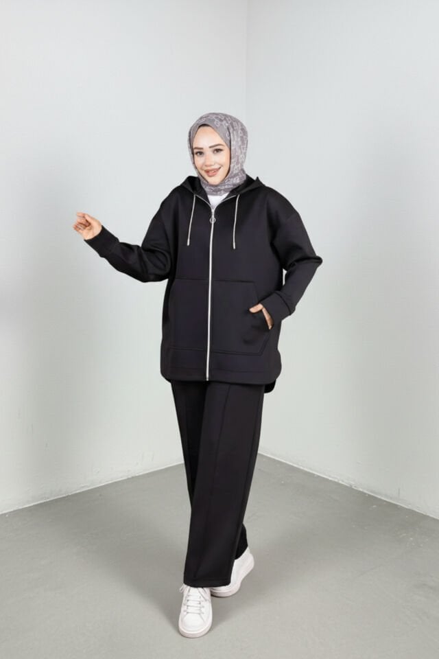 Oversize Kapüşonlu Eşofman Takımı Tesettür Spor Takım - Siyah Renk
