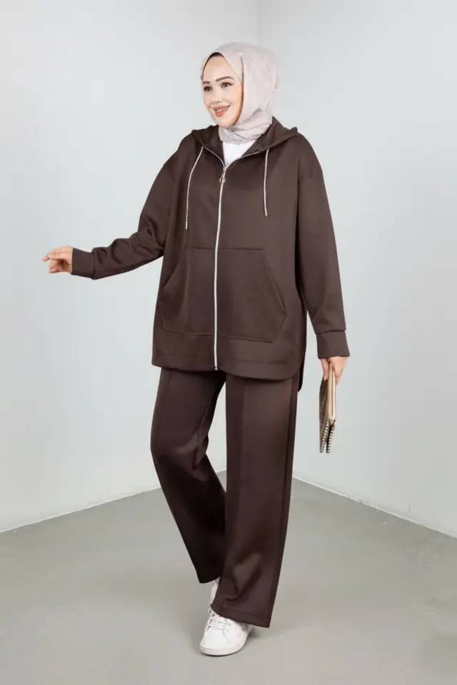 Oversize Kapüşonlu Eşofman Takımı Tesettür Spor Takım - Kahverengi Renk