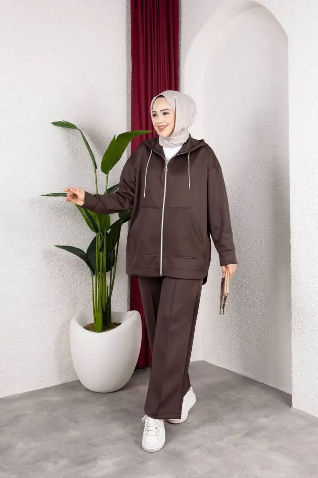 Oversize Kapüşonlu Eşofman Takımı Tesettür Spor Takım - Kahverengi Renk