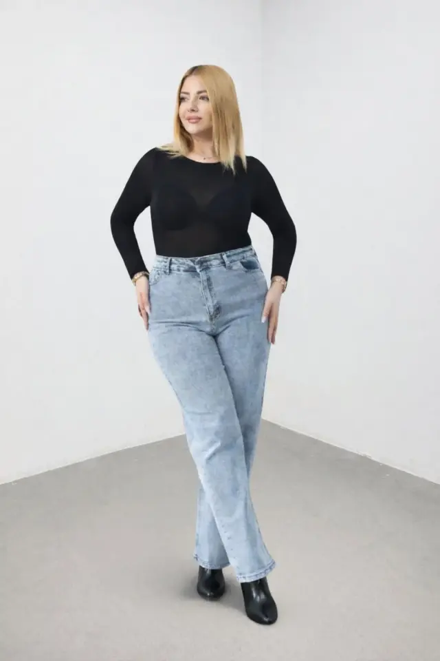 Büyük Beden Kadın Mavi Yüksek Bel Bol Paça Jean Pantolon Geniş Kesim Kot