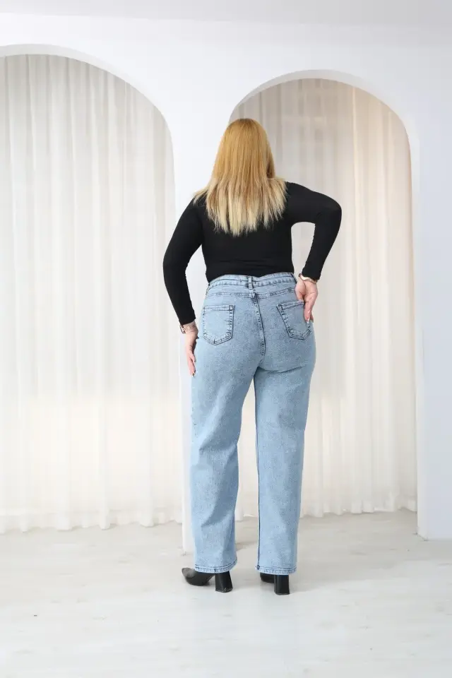 Büyük Beden Kadın Mavi Yüksek Bel Bol Paça Jean Pantolon Geniş Kesim Kot