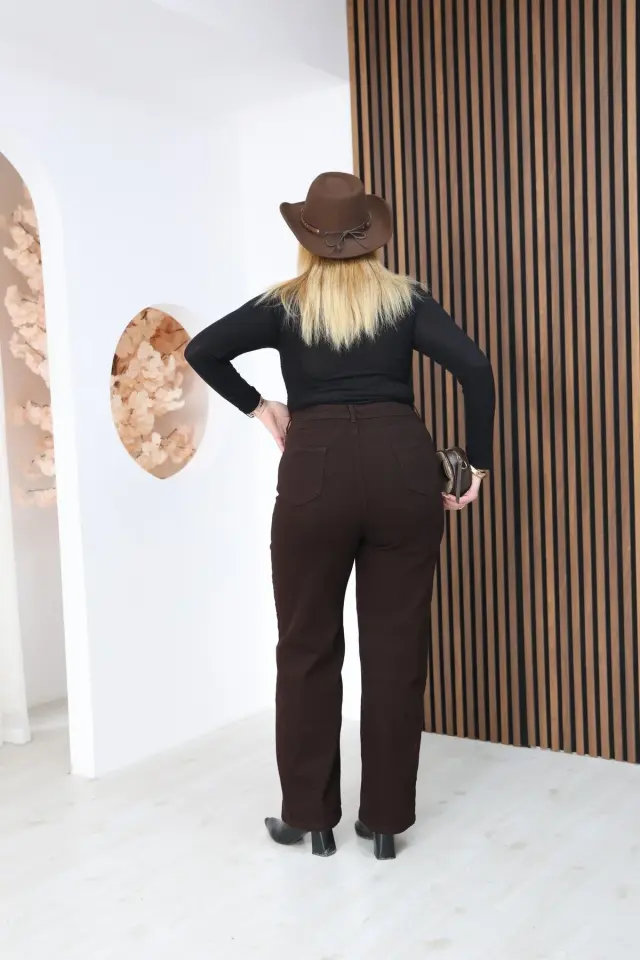 Büyük Beden Kadın Kahverengi Yüksek Bel Bol Paça Jean Pantolon Geniş Kesim Kot