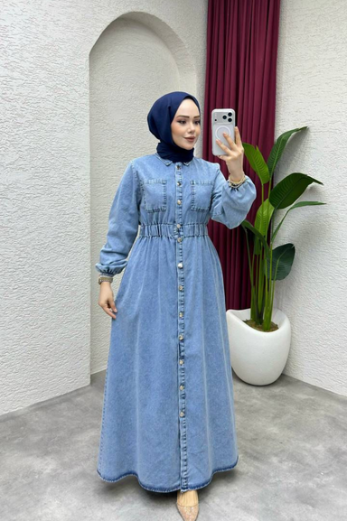 Weak Blue Kadın Denim Elbise Açık Mavi Uzun Düğmeli Bel Lastikli Tesettür Jean Elbise Rahat Kalıp Günlük