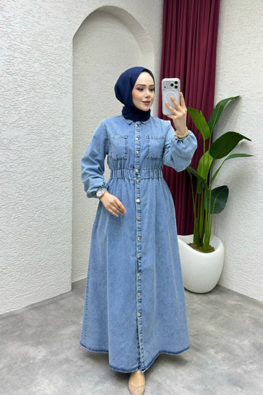 Weak Blue Kadın Denim Elbise Açık Mavi Uzun Düğmeli Bel Lastikli Tesettür Jean Elbise Rahat Kalıp Günlük