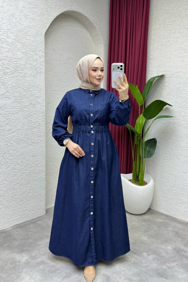 Weak Blue Kadın Koyu Mavi Denim Elbise Uzun Düğmeli Bel Lastikli Tesettür Jean Elbise Rahat Kalıp