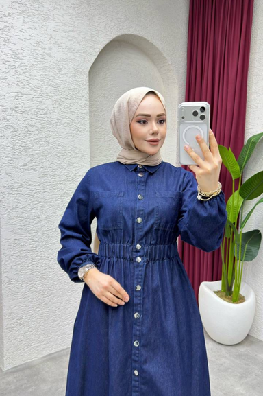 Weak Blue Kadın Koyu Mavi Denim Elbise Uzun Düğmeli Bel Lastikli Tesettür Jean Elbise Rahat Kalıp