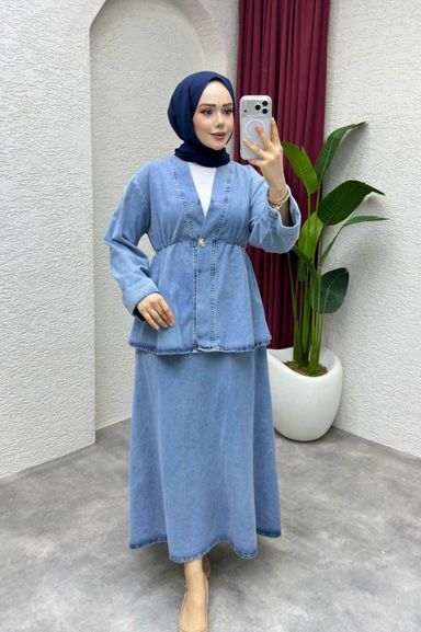 Weak Blue Kadın Denim İkili Takım Açık Mavi Bluz Etek Set Tesettür Jean Takım Rahat Kalıp Günlük Şık