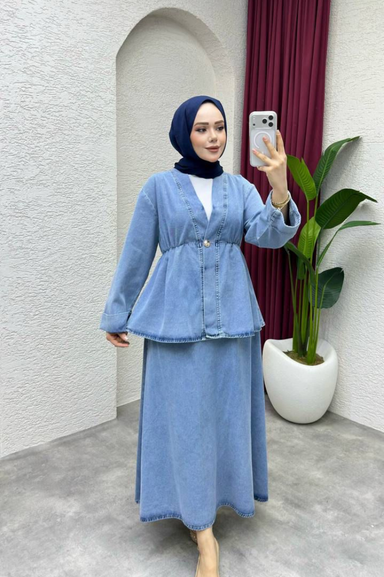 Weak Blue Kadın Denim İkili Takım Açık Mavi Bluz Etek Set Tesettür Jean Takım Rahat Kalıp Günlük Şık