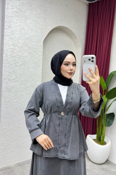 Weak Blue Kadın Gri Denim Takım Bluz Etek Set Tesettür İkili Takım Rahat Kalıp Günlük Şık Kombin
