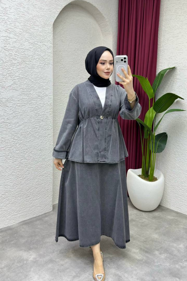 Weak Blue Kadın Gri Denim Takım Bluz Etek Set Tesettür İkili Takım Rahat Kalıp Günlük Şık Kombin