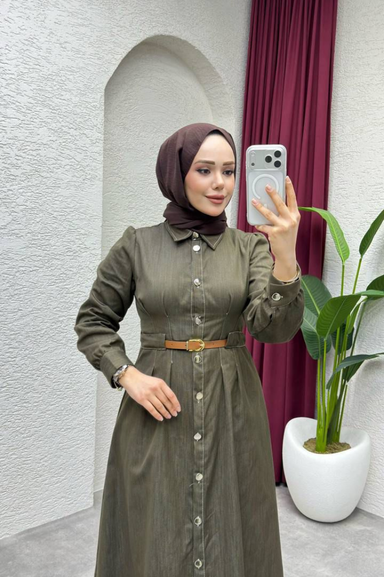 Weak Blue Kadın Haki Elbise Uzun Düğmeli Kemer Detaylı Belden Oturan Tesettür Elbise Günlük Şık Kombin