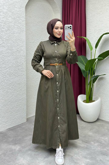 Weak Blue Kadın Haki Elbise Uzun Düğmeli Kemer Detaylı Belden Oturan Tesettür Elbise Günlük Şık Kombin