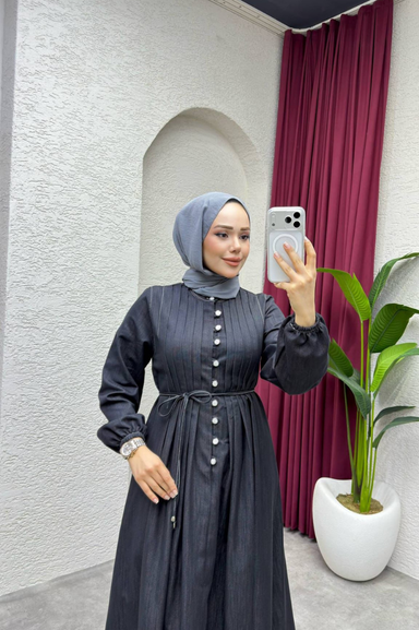 Weak Blue Kadın Siyah Elbise Uzun Düğmeli Belden Bağlama Detaylı Tesettür Elbise Rahat Kalıp Günlük Şık
