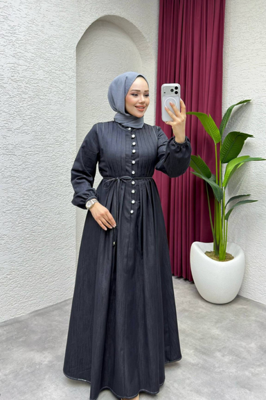 Weak Blue Kadın Siyah Elbise Uzun Düğmeli Belden Bağlama Detaylı Tesettür Elbise Rahat Kalıp Günlük Şık