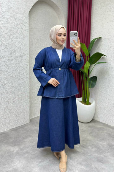 Weak Blue Kadın Mavi Denim Takım Bluz Etek Set V Yaka Tesettür İkili Takım Rahat Kalıp Günlük Şık