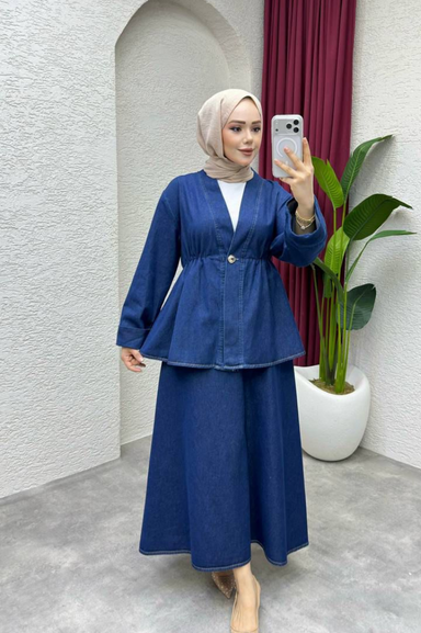 Weak Blue Kadın Mavi Denim Takım Bluz Etek Set V Yaka Tesettür İkili Takım Rahat Kalıp Günlük Şık