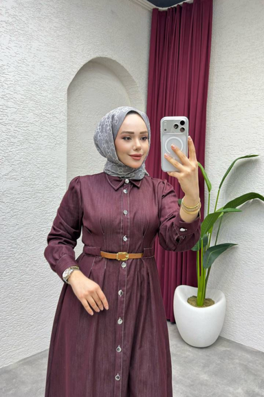 Weak Blue Kadın Bordo Elbise Uzun Düğmeli Kemer Detaylı Belden Oturan Tesettür Elbise Günlük Şık Kombin