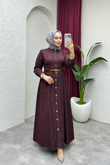 Weak Blue Kadın Bordo Elbise Uzun Düğmeli Kemer Detaylı Belden Oturan Tesettür Elbise Günlük Şık Kombin