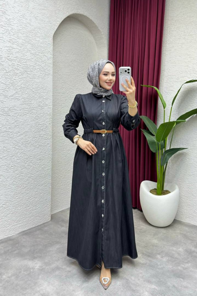 Weak Blue Kadın Lacivert Elbise Uzun Düğmeli Kemer Detaylı Belden Oturan Tesettür Elbise Günlük Şık Kombin