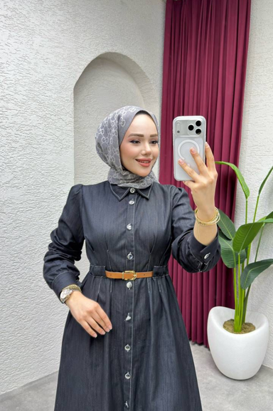 Weak Blue Kadın Lacivert Elbise Uzun Düğmeli Kemer Detaylı Belden Oturan Tesettür Elbise Günlük Şık Kombin
