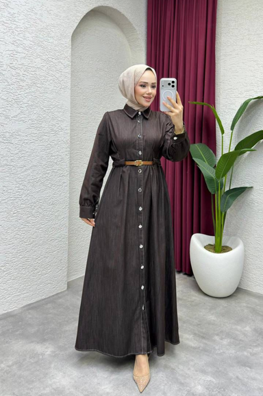 Weak Blue Kadın Kahverengi Elbise Uzun Düğmeli Kemer Detaylı Belden Oturan Tesettür Elbise Günlük Şık Kombin