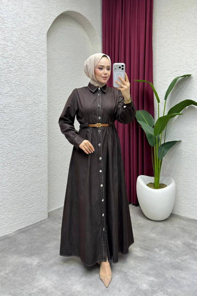 Weak Blue Kadın Kahverengi Elbise Uzun Düğmeli Kemer Detaylı Belden Oturan Tesettür Elbise Günlük Şık Kombin