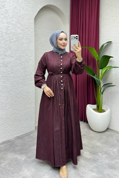 Weak Blue Kadın Bordo Elbise Uzun Düğmeli Belden Bağlama Detaylı Tesettür Elbise Rahat Kalıp Günlük Şık Kombin