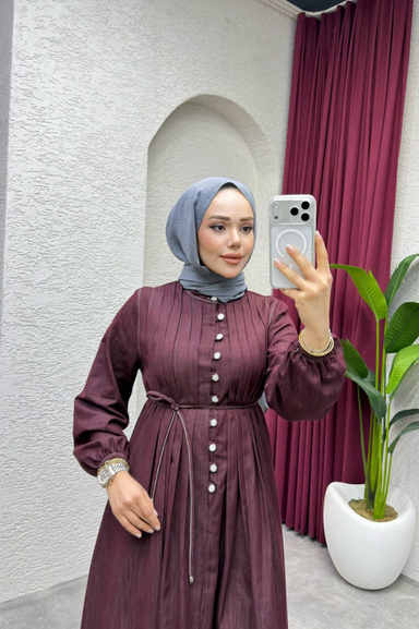 Weak Blue Kadın Bordo Elbise Uzun Düğmeli Belden Bağlama Detaylı Tesettür Elbise Rahat Kalıp Günlük Şık Kombin