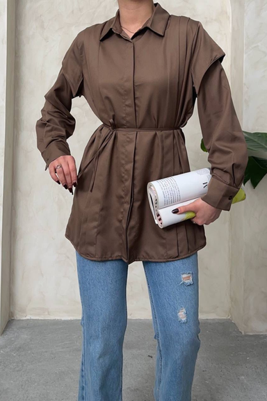 Weak Blue Kadın Kahverengi Tunik Gömlek Kemerli Uzun Kollu Tesettür Gömlek Rahat Kalıp Günlük Şık Kombin