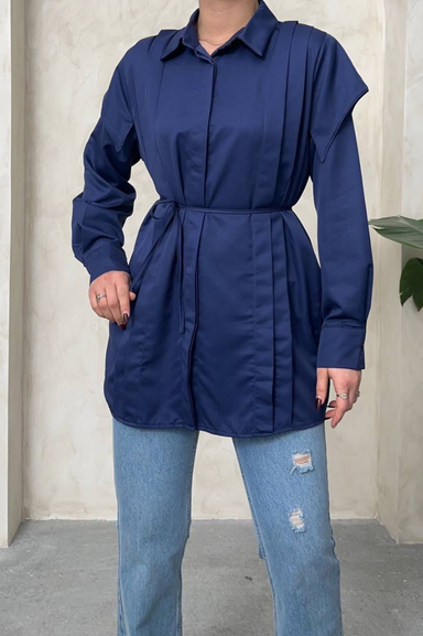 Weak Blue Kadın Lacivert Tunik Gömlek Kemerli Uzun Kollu Tesettür Gömlek Rahat Kalıp Günlük Şık Kombin