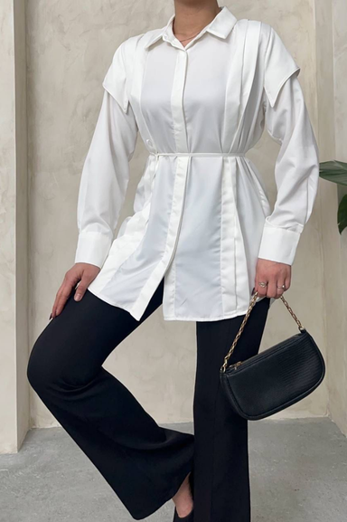 Weak Blue Kadın Beyaz Tunik Gömlek Uzun Kollu Tesettür Gömlek Rahat Kalıp Günlük Şık Kombin