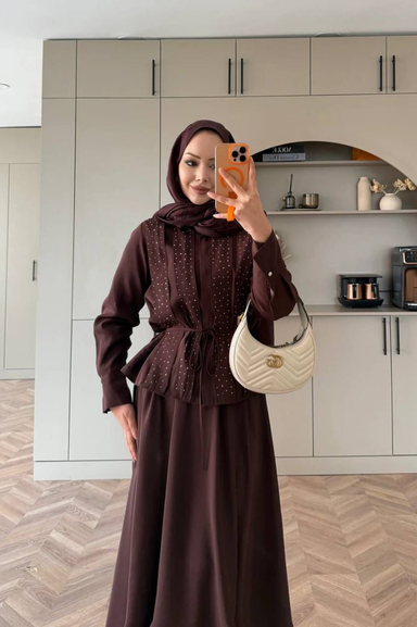 Taş Detaylı Etekli Takım - Bordo