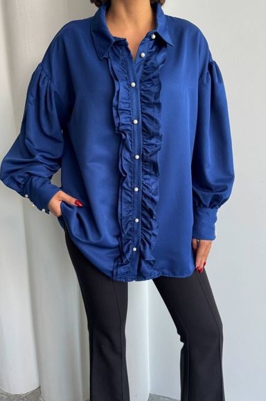 Weak Blue Kadın Saks Mavi Tunik Gömlek Fırfırlı Uzun Kollu Tesettür Gömlek Rahat Kalıp Günlük Şık Kombin