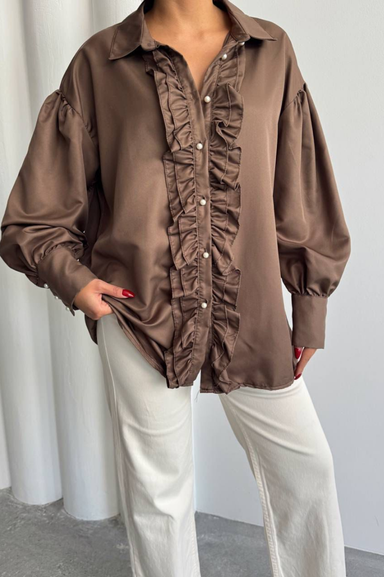 Weak Blue Kadın Kahverengi Tunik Gömlek Fırfırlı Uzun Kollu Tesettür Gömlek Rahat Kalıp Günlük Şık Kombin