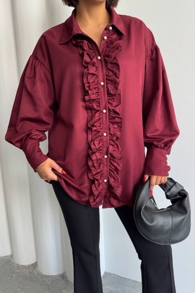 Weak Blue Kadın Bordo Tunik Gömlek Fırfırlı Uzun Kollu Tesettür Gömlek Rahat Kalıp Günlük Şık Kombin