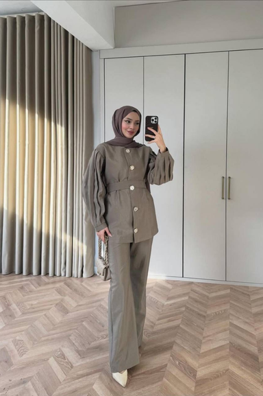 Weak Blue Kadın Haki Takım Tunik Pantolon Set Tesettür İkili Takım Rahat Kalıp Günlük Şık Kombin
