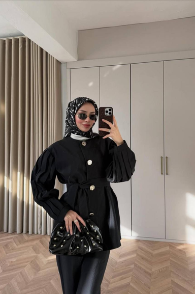 Weak Blue Kadın Siyah Tunik Gömlek Düğme Detaylı Uzun Kollu Tesettür Gömlek Rahat Kalıp Günlük Şık Kombin