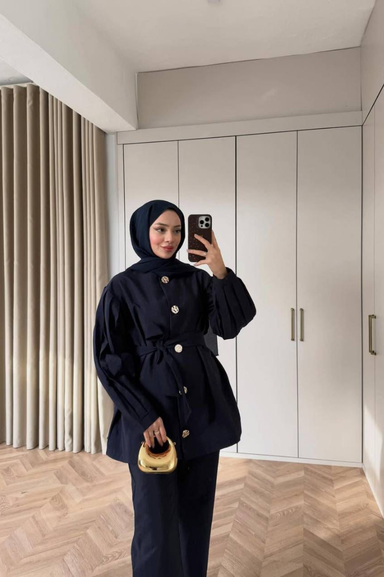 Weak Blue Siyah Kadın Tunik Ceket Düğmeli Uzun Kollu Modern Tesettür Giyim Şık Model