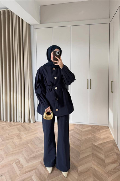 Weak Blue Siyah Kadın Tunik Ceket Düğmeli Uzun Kollu Modern Tesettür Giyim Şık Model