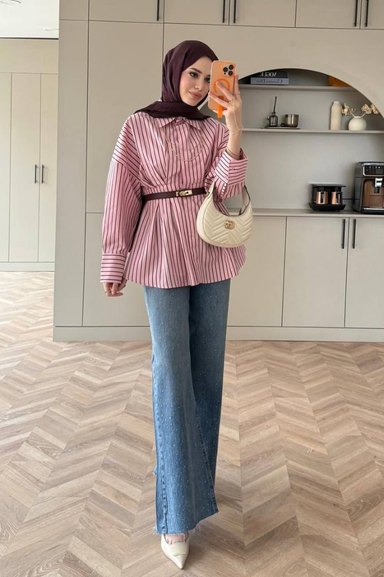 Weak Blue Pembe Çizgili Kadın Tunik Gömlek Kemer Detaylı Uzun Kollu Rahat Kalıp Tesettür Giyim