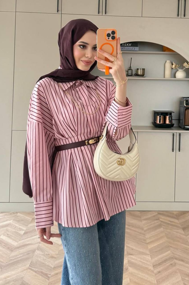 Weak Blue Pembe Çizgili Kadın Tunik Gömlek Kemer Detaylı Uzun Kollu Rahat Kalıp Tesettür Giyim