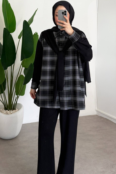 Weak Blue Ekose Kadın Tunik Gömlek Oversize Rahat Kalıp Katmanlı Tesettür Giyim Şık Model