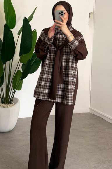 Weak Blue Ekose Kadın Tunik Gömlek Oversize Rahat Kalıp Kahverengi Tesettür Kombin Günlük Şık